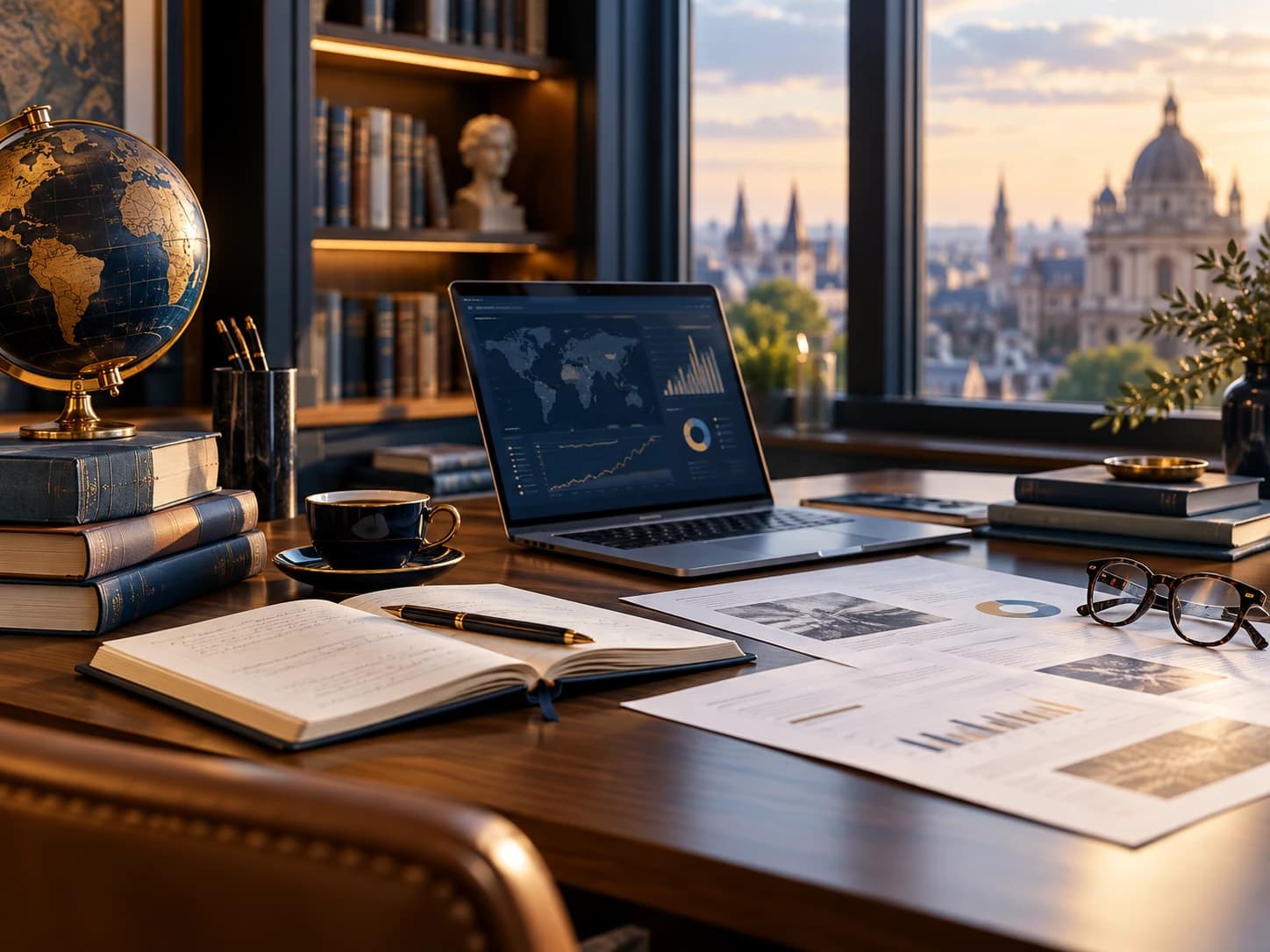 Research workspace with a laptop, books and data analysis materials